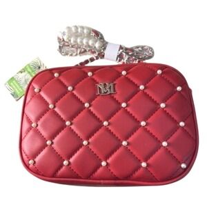 Badgley Mischka Quilted Crossbody Purse Red Faux Leather Pearl Chain Strap NWT